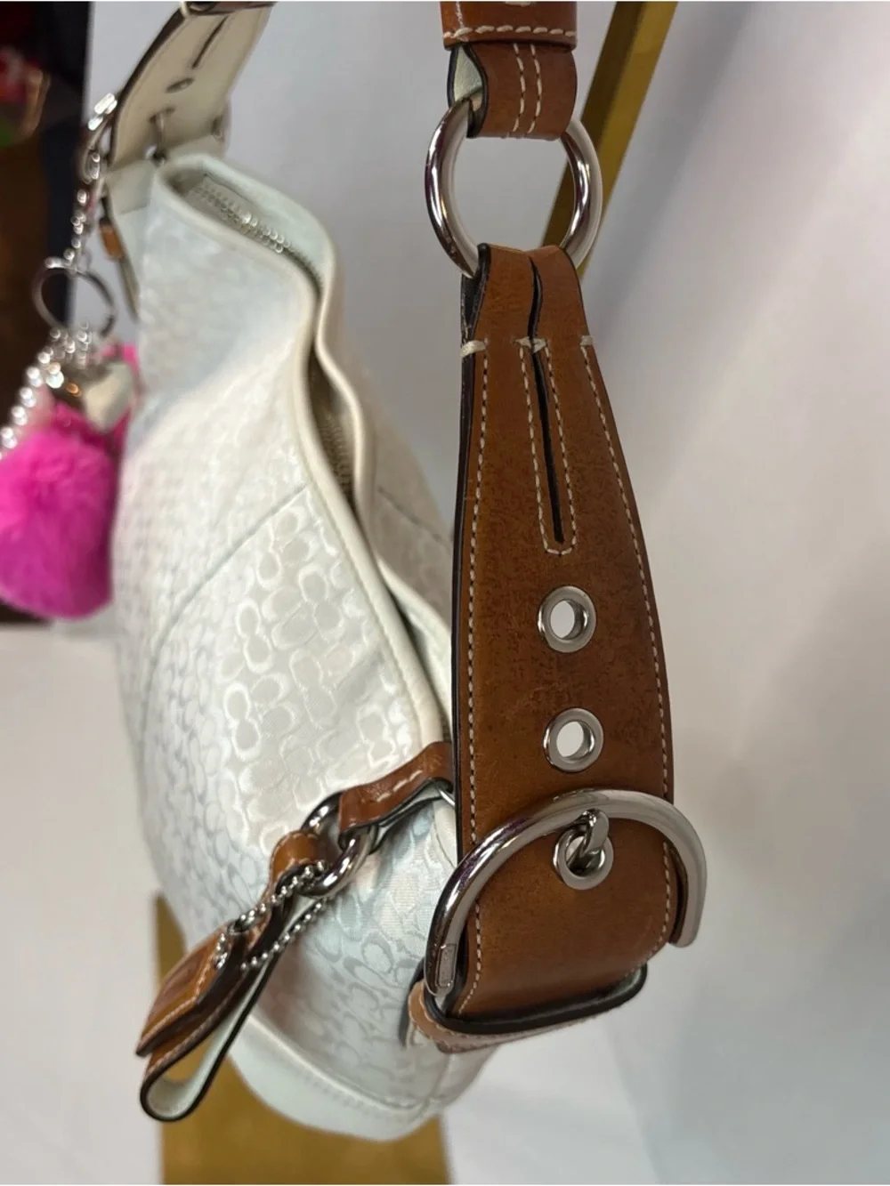 Vintage Coach Signature Soho Hobo Shoulder Bag White Jacquard Brown Leather - Picture 7 of 15